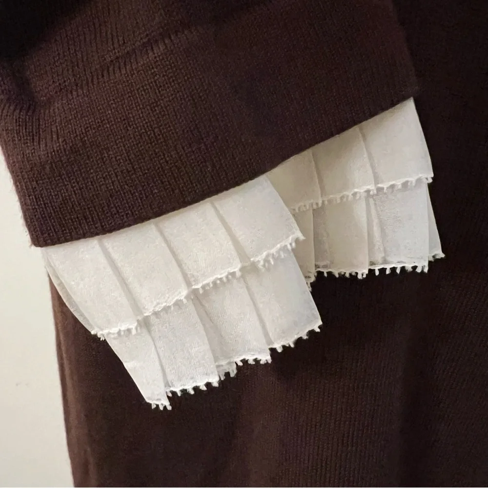 Worth V neck pullover sweater chestnut brown cream tuxedo dickie large NWT